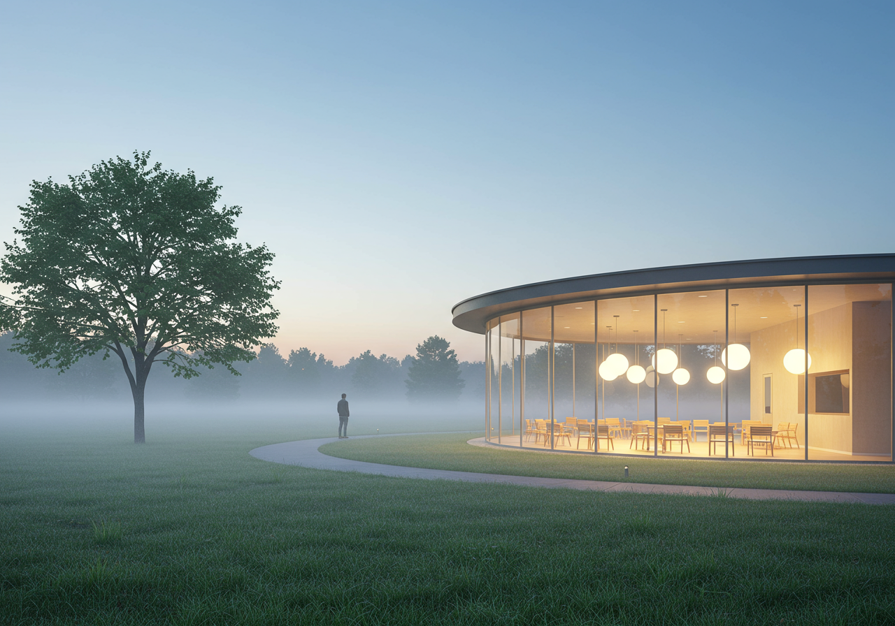 Wide view of the Grace Farms building with the nature preserve in the background