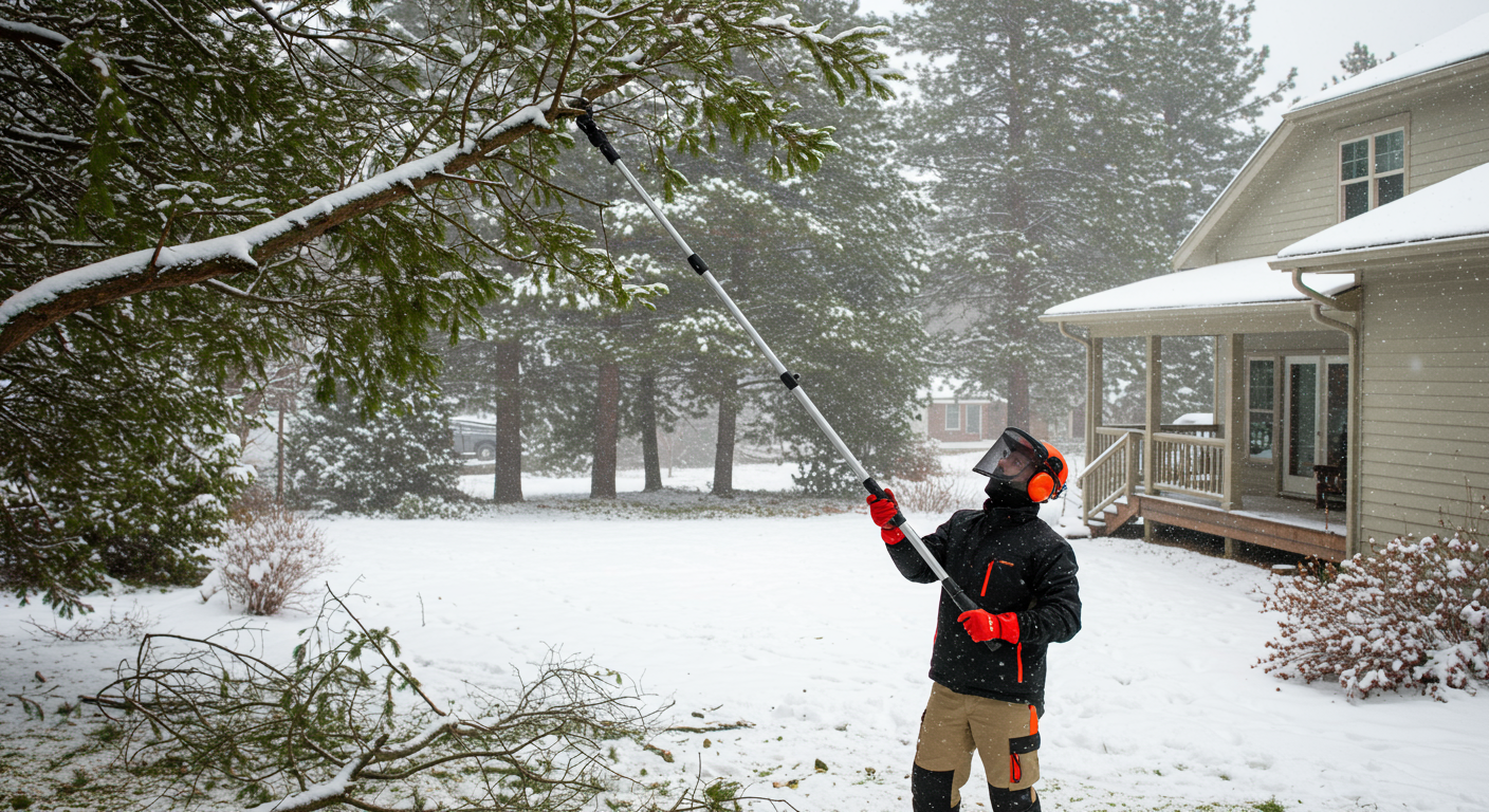 Man using a pole saw to remove a limb in winter.