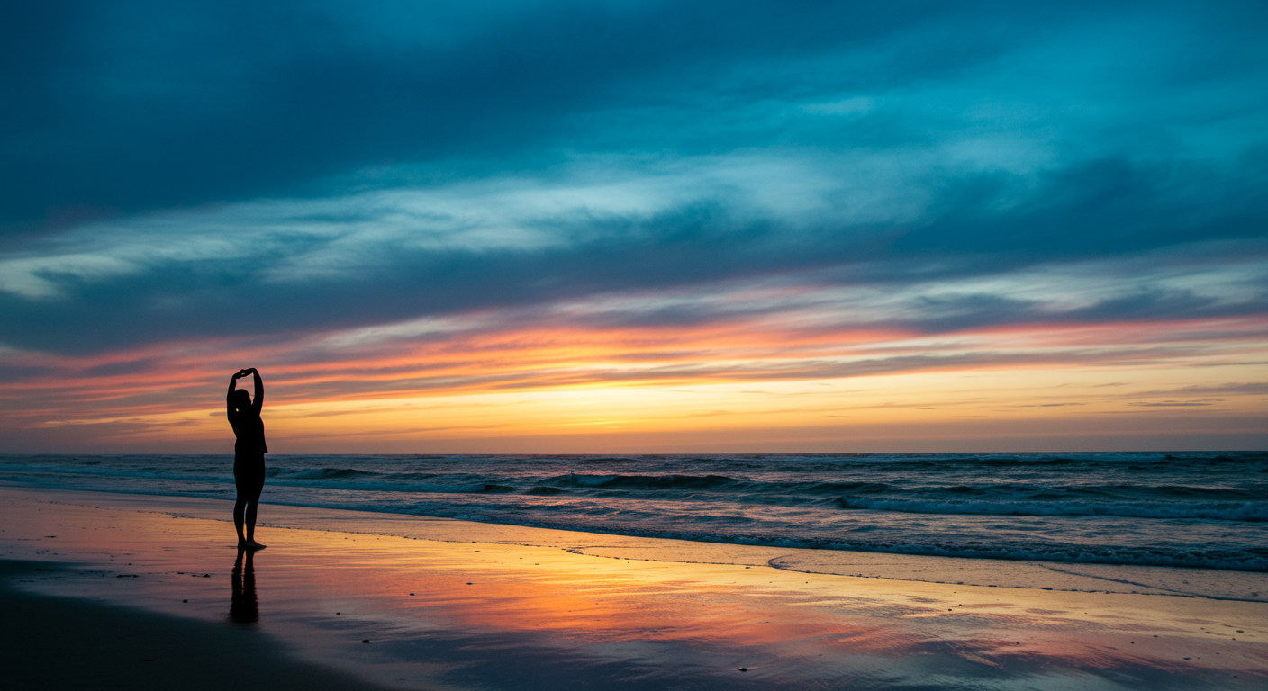 Silhouette of a woman on a beach at sunset