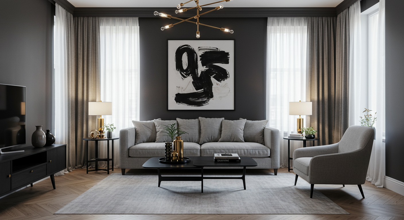 Living Room with black and gray color theme