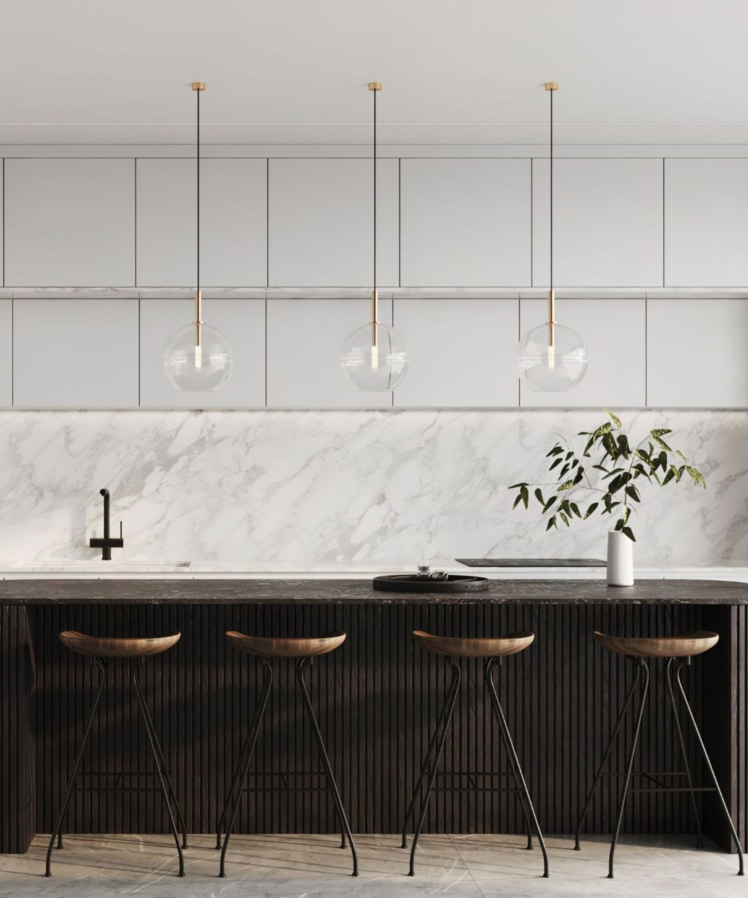 A modern kitchen with a large marble countertop, a breakfast bar with backless stools, pendant lights, and hidden cabinetry.