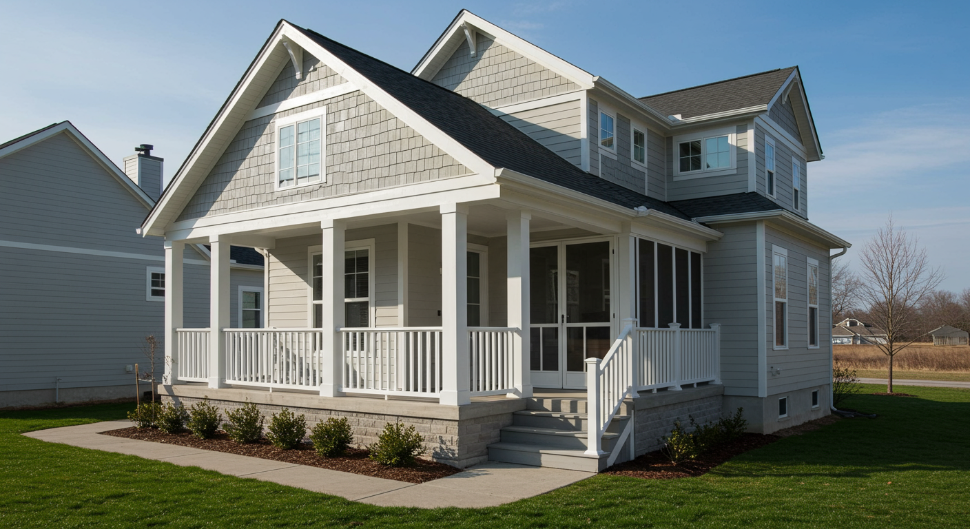 A gray house with a white front porch. The house has a dormer window and a screened front door.