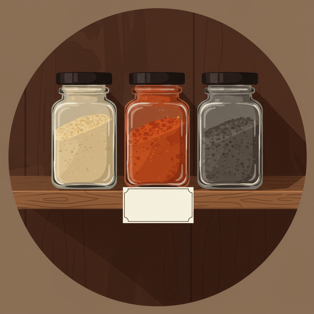 Three glass spice jars with different seasonings sit on a wooden shelf above a blank label.