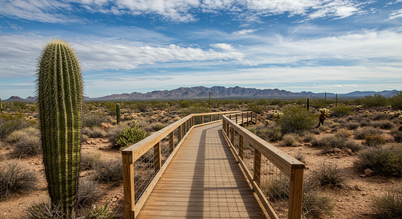 Wooden boardwalk through desert scrub toward distant mountains, with a tall saguaro cactus nearby.