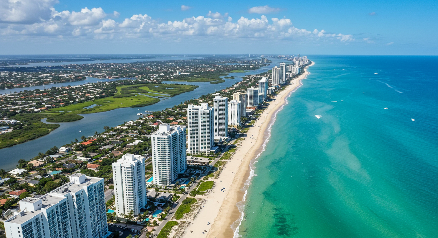 Covered outdoor living space with a gray sofa and a large swimming pool.