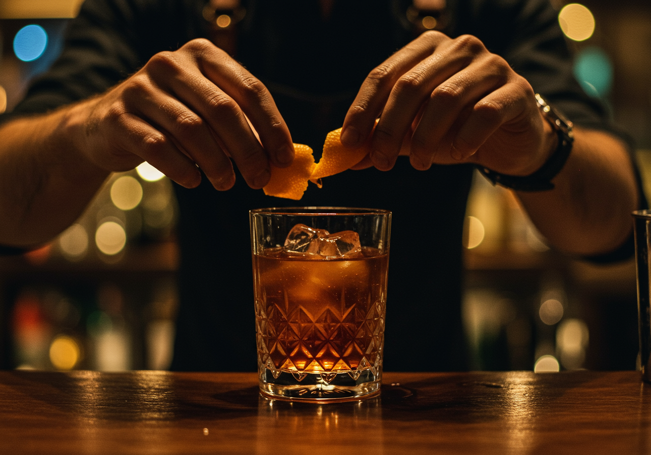 A hand places an orange peel garnish inside a rocks glass on a bar top. 