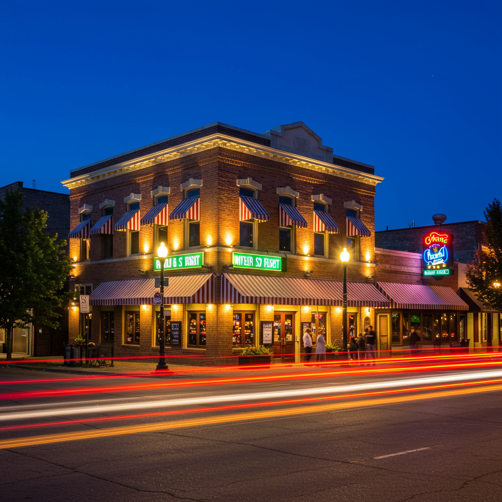 Illuminated brick corner storefront with striped awnings and neon signs at night.