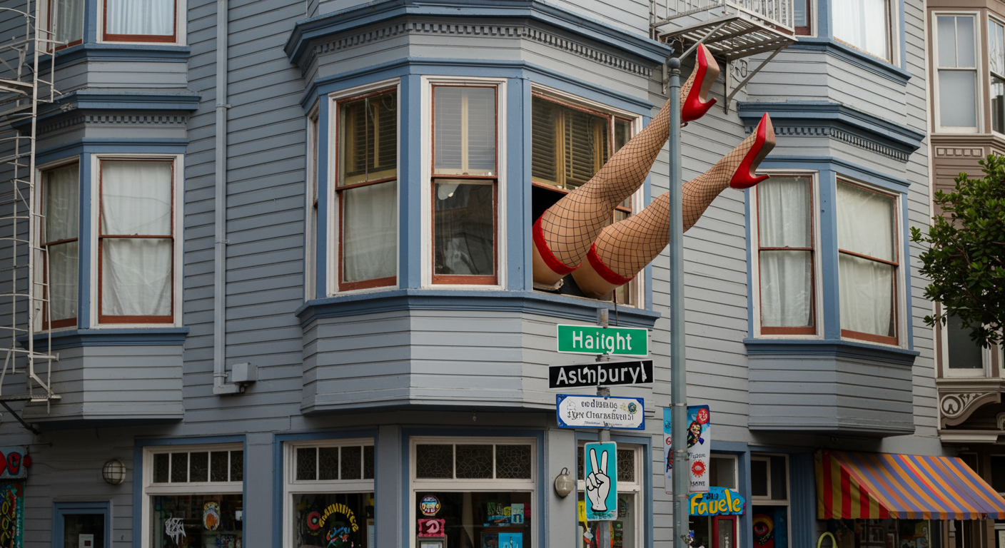 Photo taken in the famous flower Power Street of San Francisco showing oversized legs of a woman coming out of a window