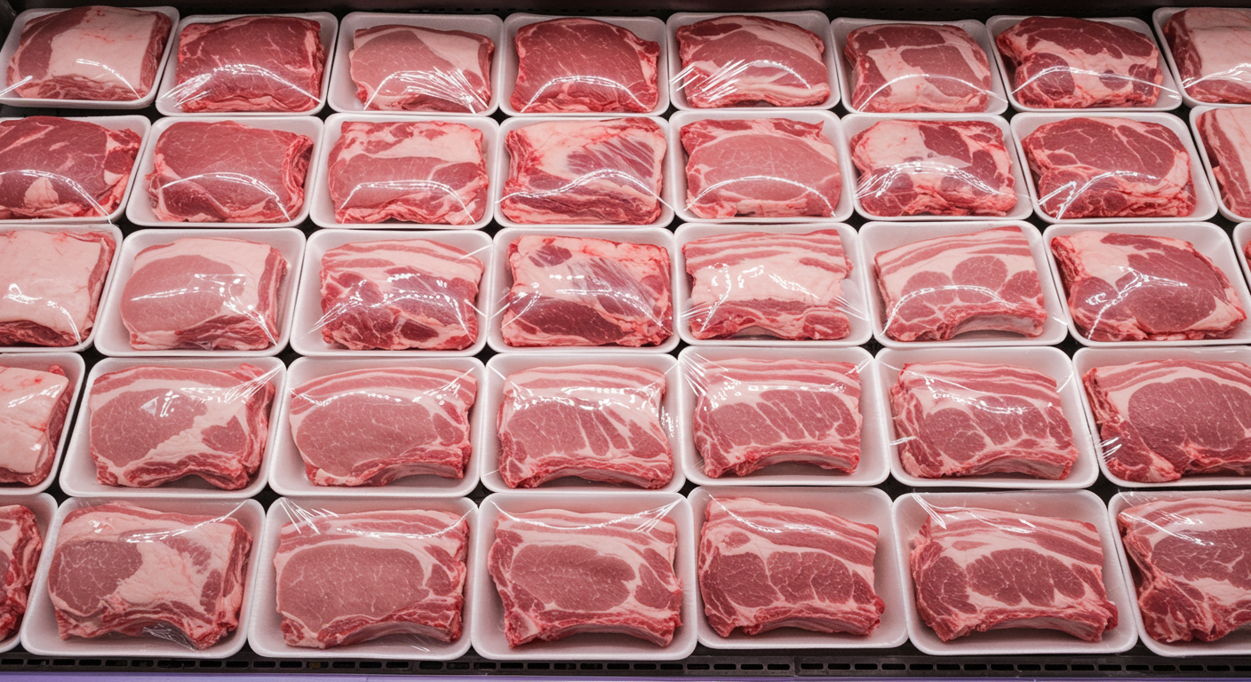 variety of tray packing meat on the supermarket freezer