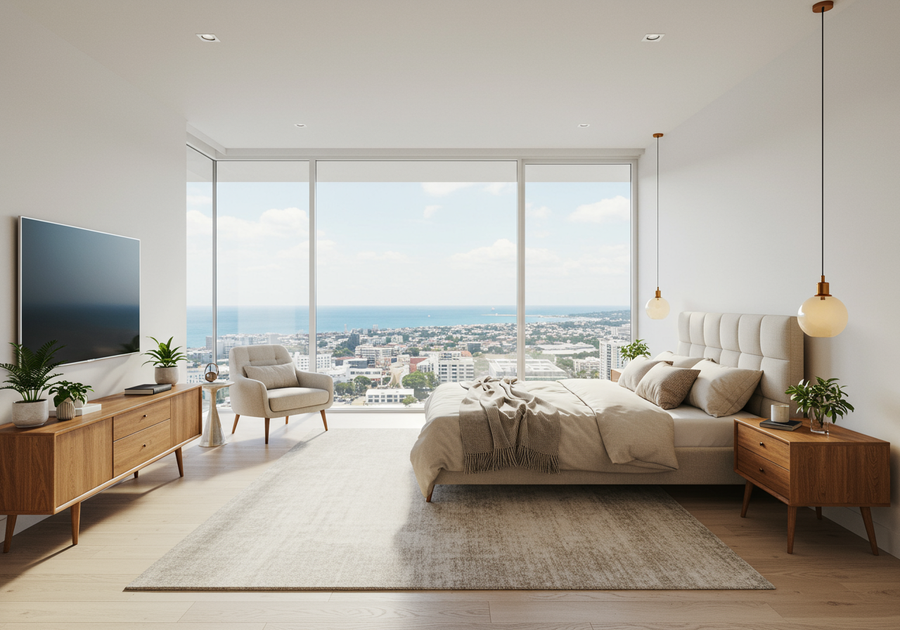 bedroom with city and ocean views