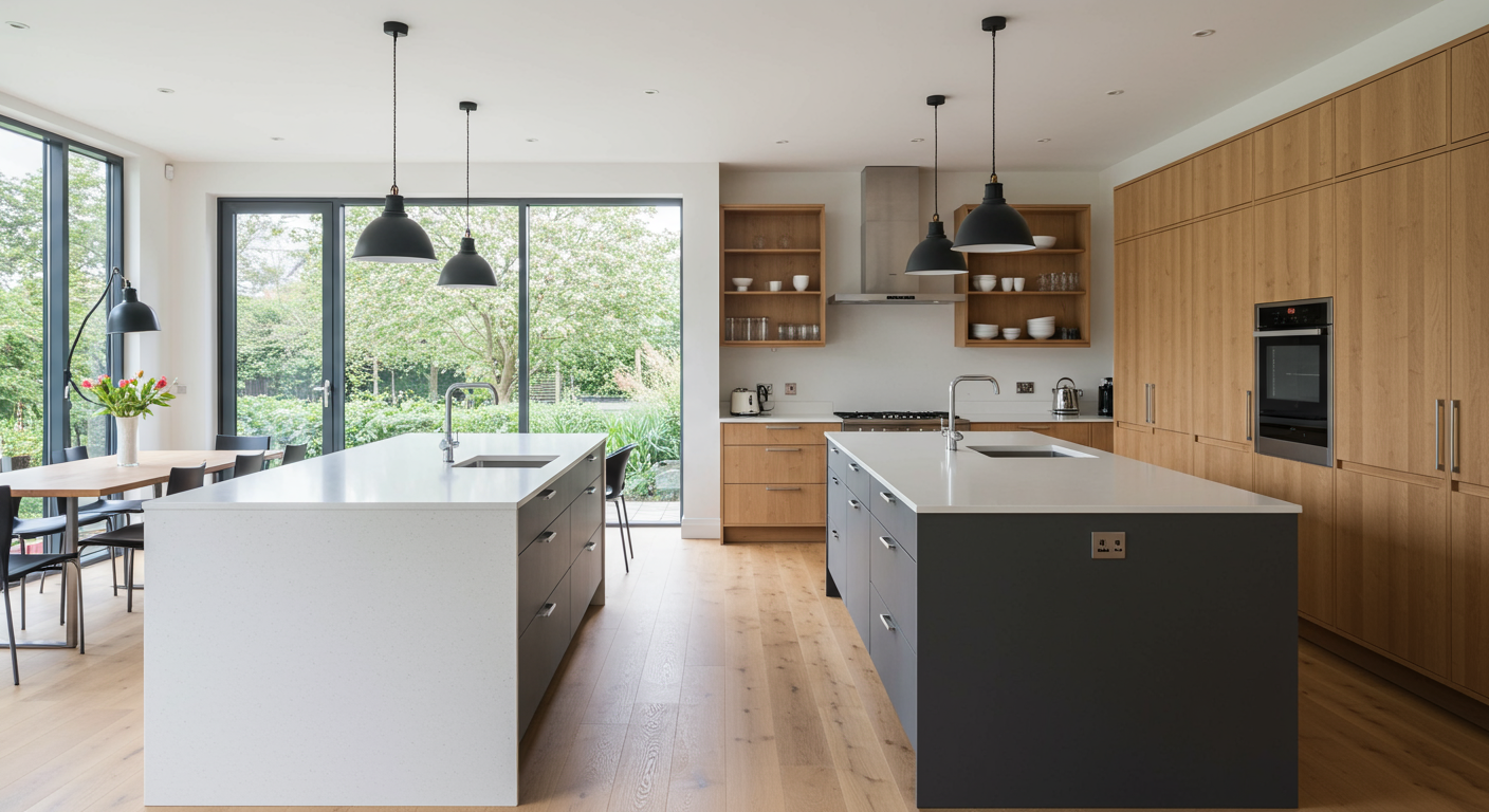 A kitchen with two islands