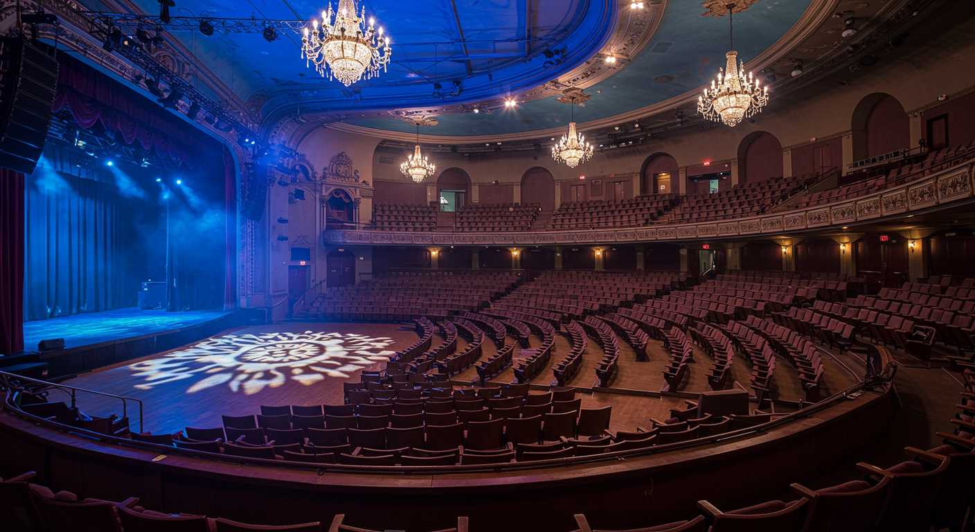 The grandeur of the Masonic Auditorium unfolds within its spacious interior. Elegant chandeliers cast a soft glow, illuminating the royal blue curtains framing the large stage. Multiple levels of empty seating areas await an audience, while intricate ceiling designs add to the venue’s aesthetic appeal.”