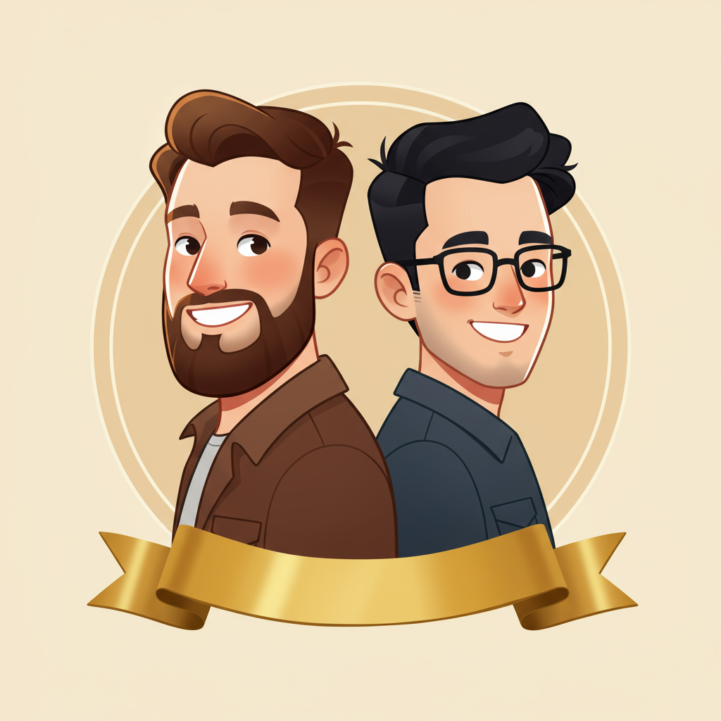 Illustration of two smiling men standing back to back, one bearded and one wearing glasses.