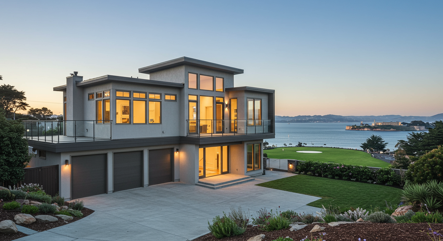 Modern bayfront home with glass balconies, a three-car garage, and illuminated windows at sunset.