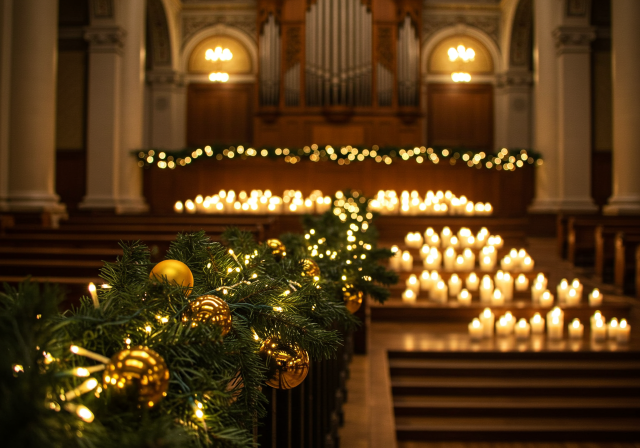 A staircase decorated for a Candlelight holiday special.