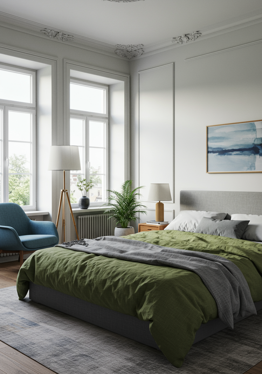 a contemporary Brooklyn home's bedroom with green linens and large windows