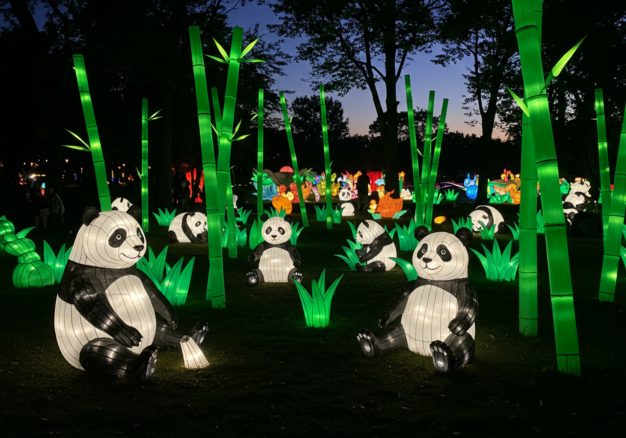 Panda and bamboo lanterns at Glowfari at Oakland Zoo