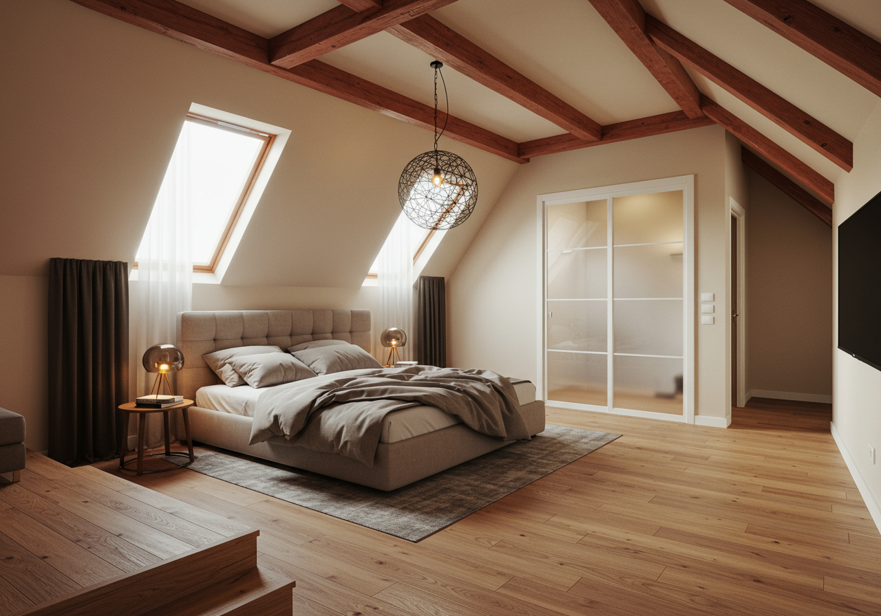 Attic bedroom with exposed wood beams, skylights, and a bed beneath a spherical pendant light.