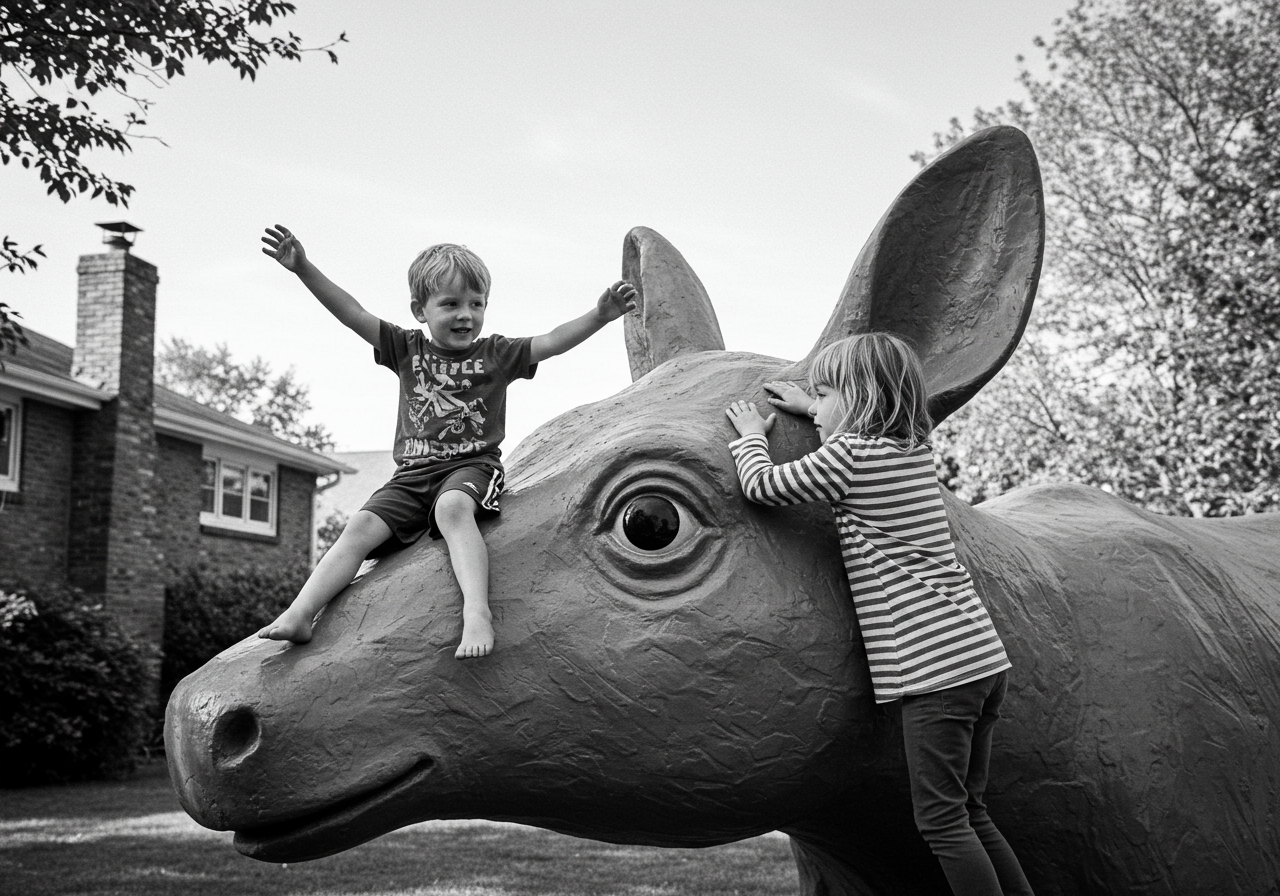Two young children climb a fiberglass mascot outside a Doggie Diner restaurant in Hayward in 1985.&nbsp;