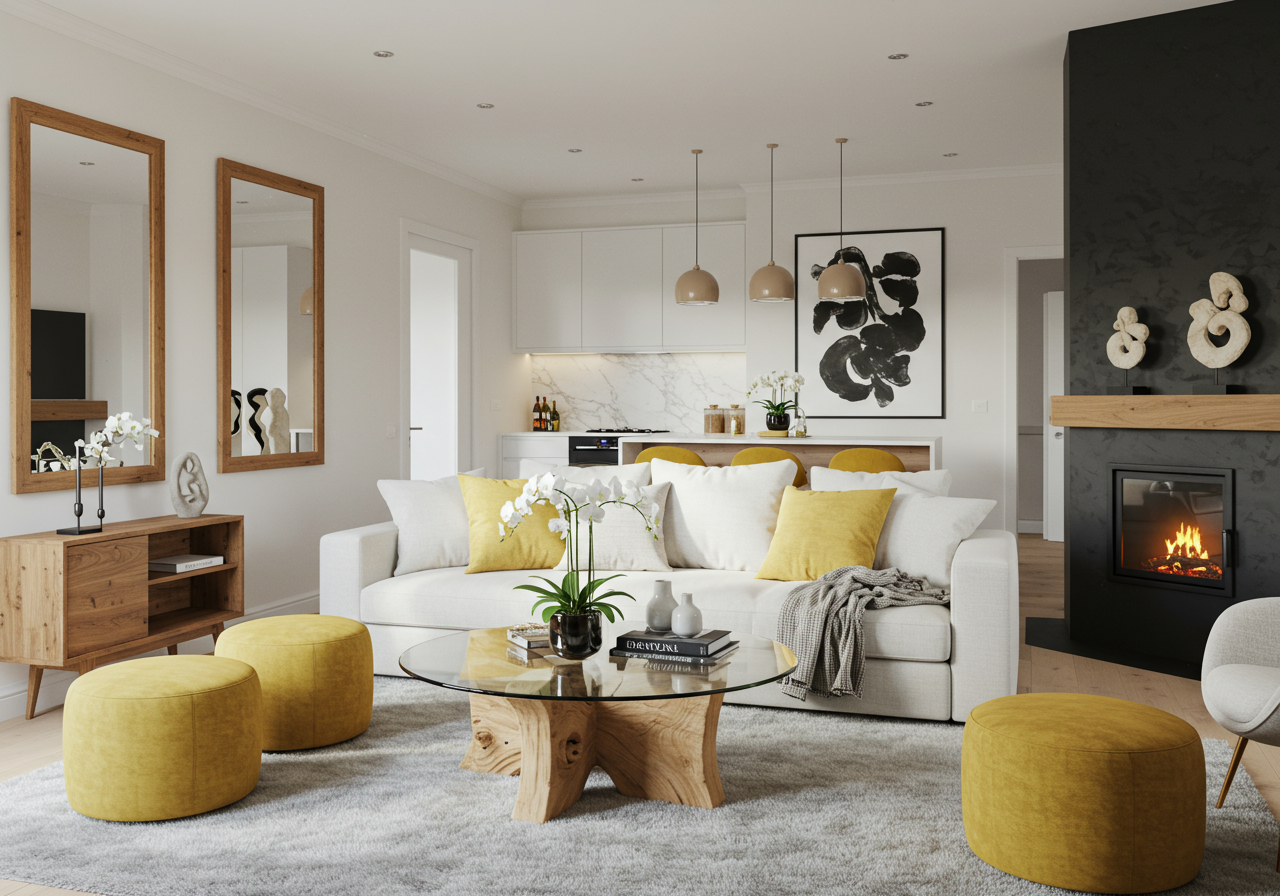 Modern and luxurious beach house living room with fireplace and glass top table