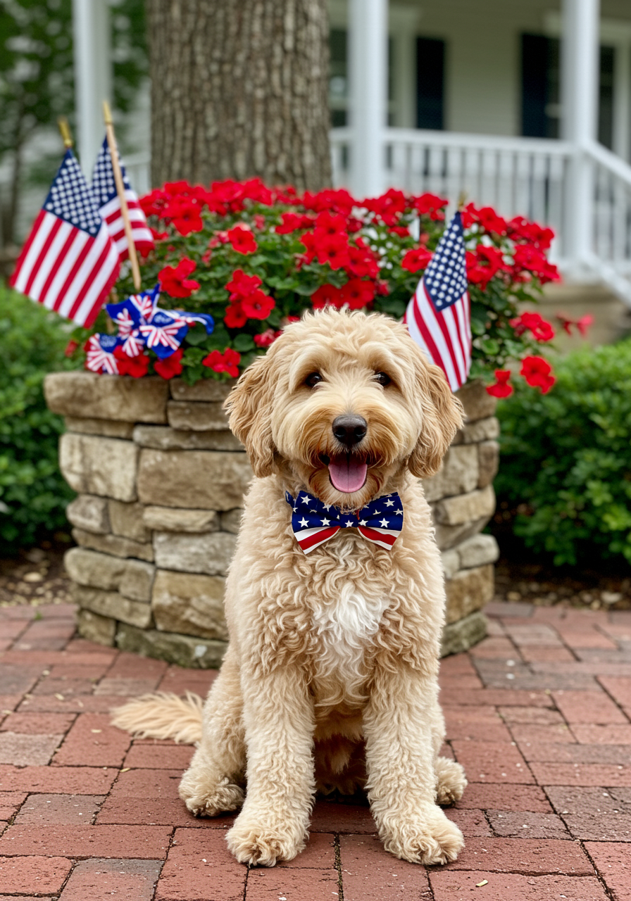 Fluffy cream-colored dog in a patriotic bow tie sits beside American flags and red flowers.