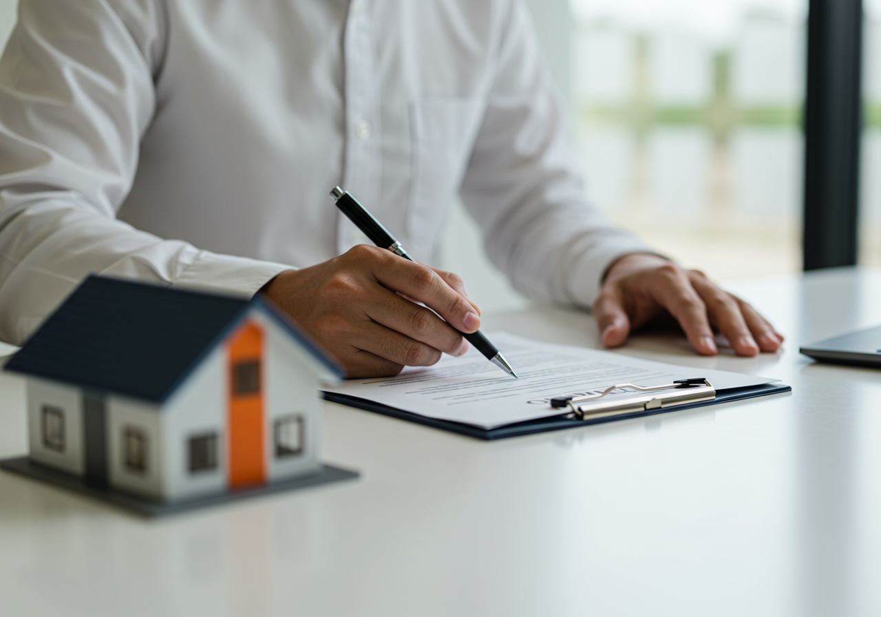A woman sits at a table signing her mortgage paperwork.
