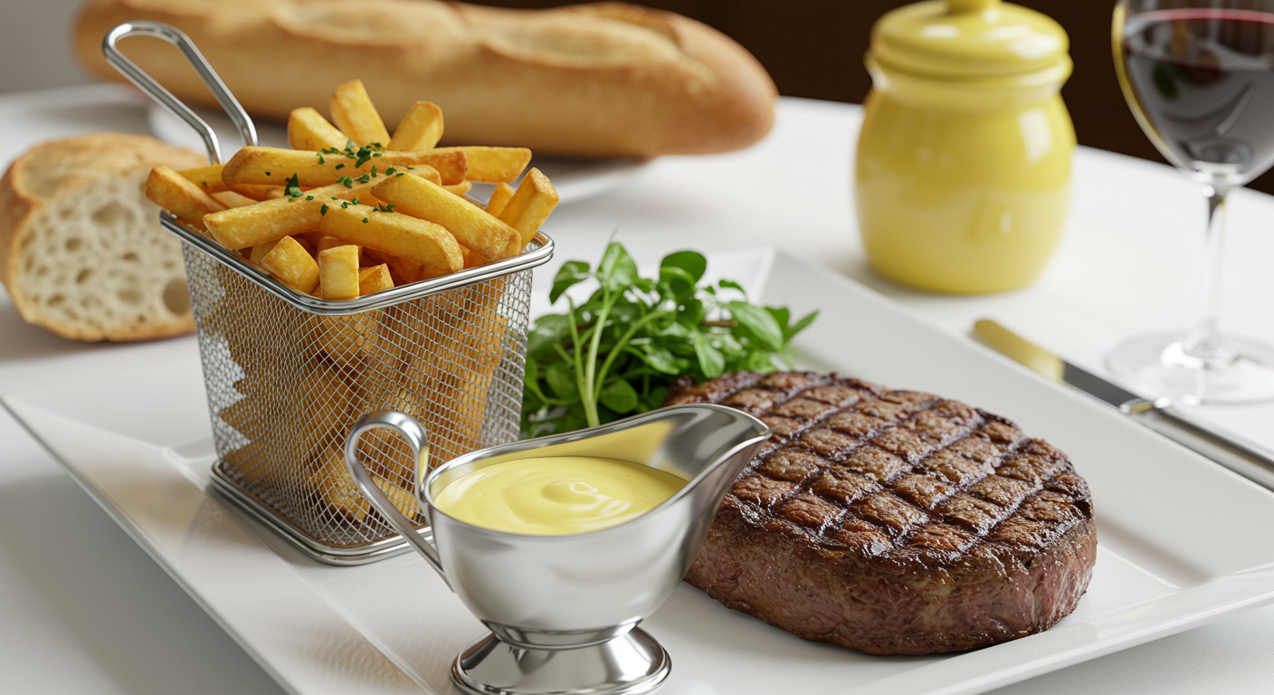 Grilled steak served with a side of herb-seasoned fries, watercress, and bearnaise sauce on a white plate.
