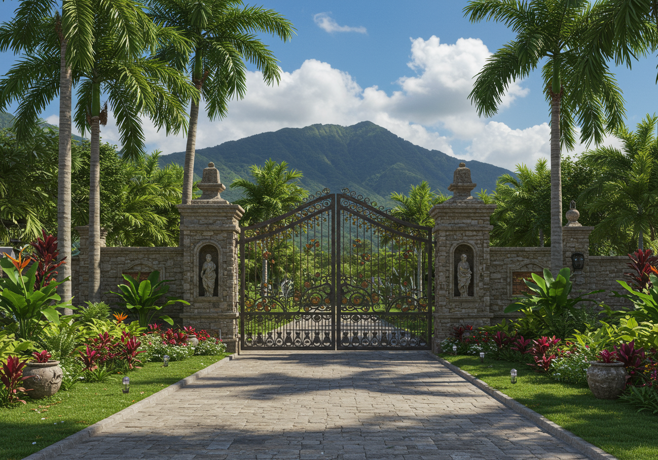 gate and driveway to Balinese-style estate in Launiupoko maui