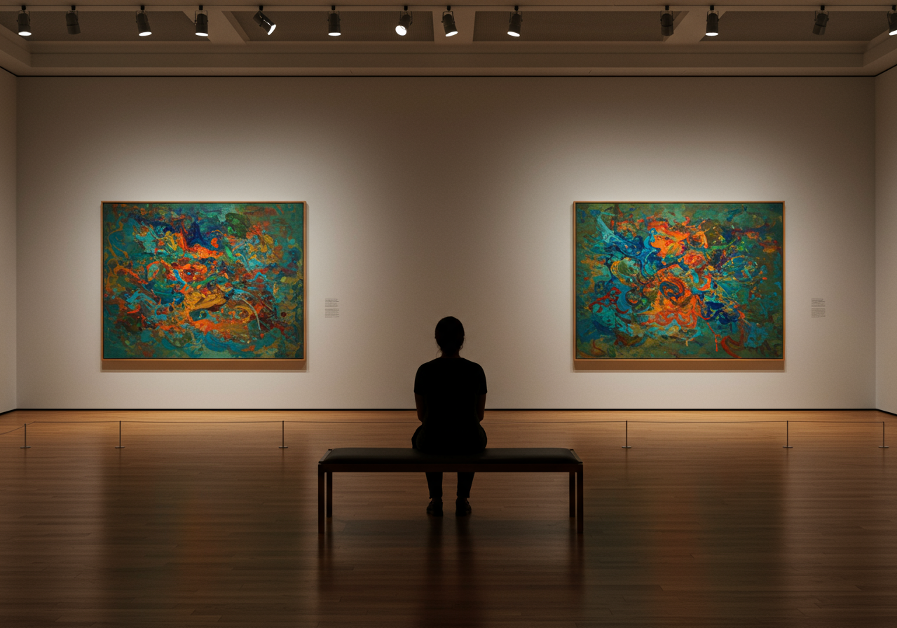 woman sitting, facing art on a wall in a Columbus, Indiana art gallery
