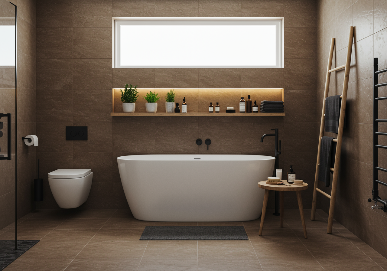 wet room style bathroom with freestanding tub, shower, brown floors, white tile walls