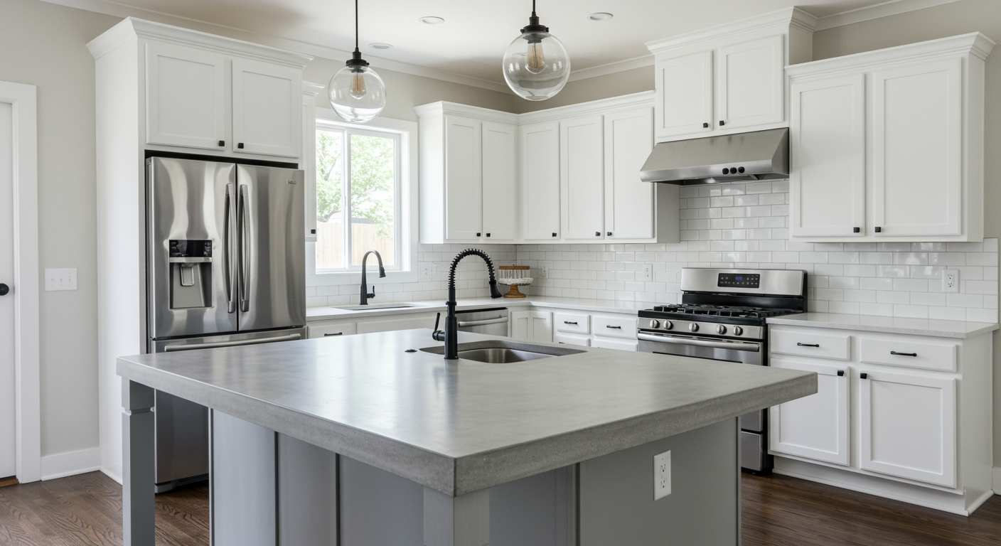 Modern kitchen with white cabinets, a broad gray island, stainless steel appliances, and subway tile backsplash.
