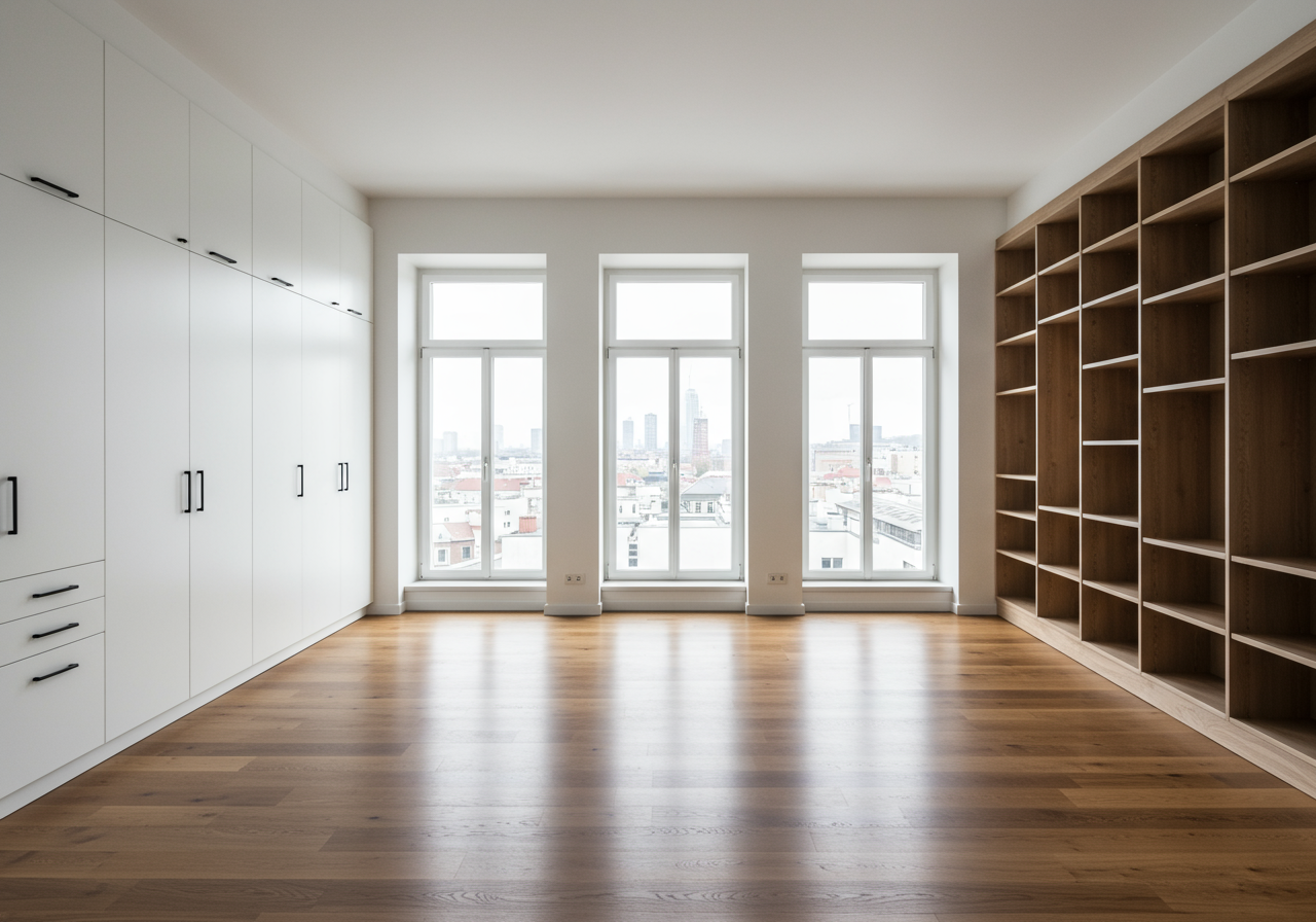An empty room with windows and brown built-in bookshelves flanking the windows