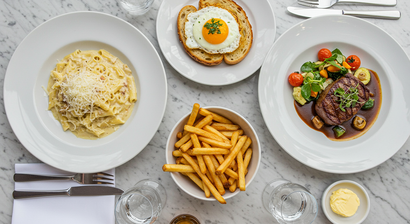 Overhead view of French bistro dishes, including fries, steak, and a poached egg on toast, served on a marble table.