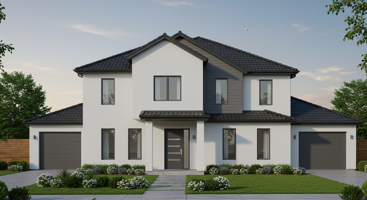 A modern, two-story house with a white exterior and a black roof.