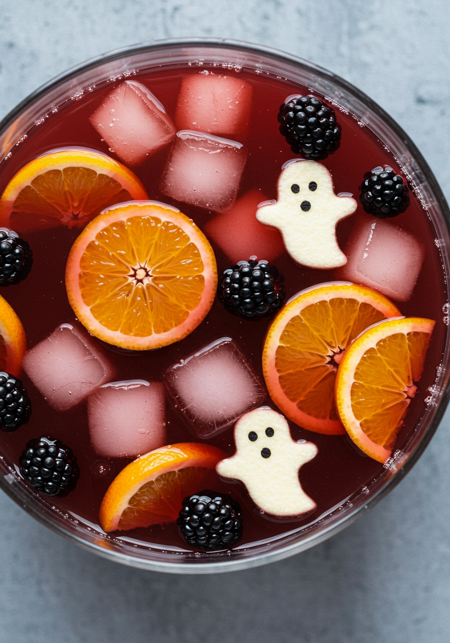 a bowl of red wine based punch with ice cubes, blackberries, pomegranate seeds, and green apple slices cut to resemble ghosts