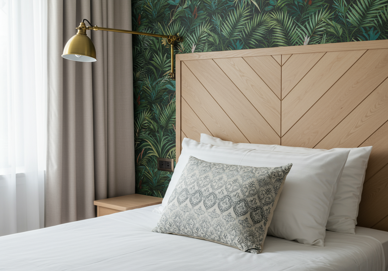 rustic vacation rental bed with decorative pillow on it and a stylish bedside lamp