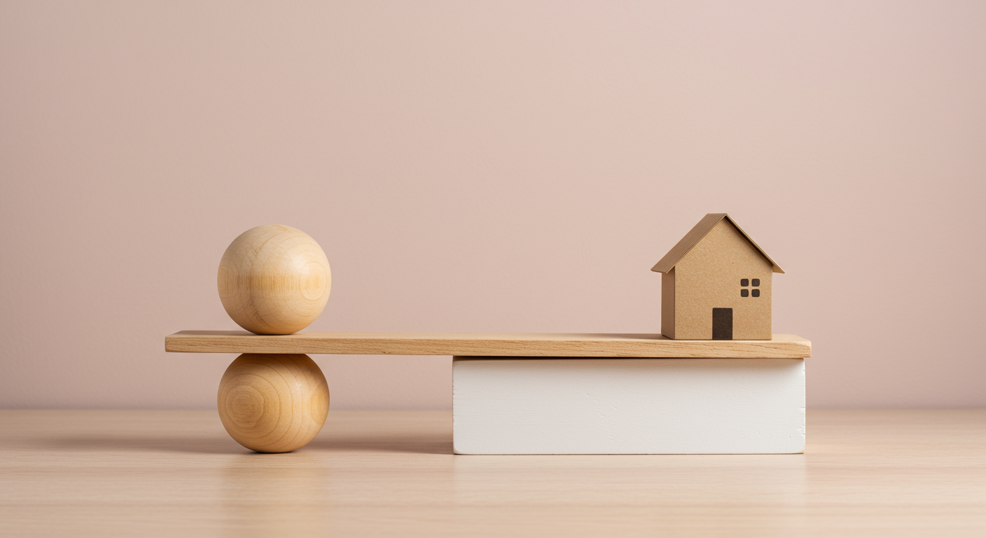 Small model house balanced on a wooden seesaw-like plank above wooden spheres.