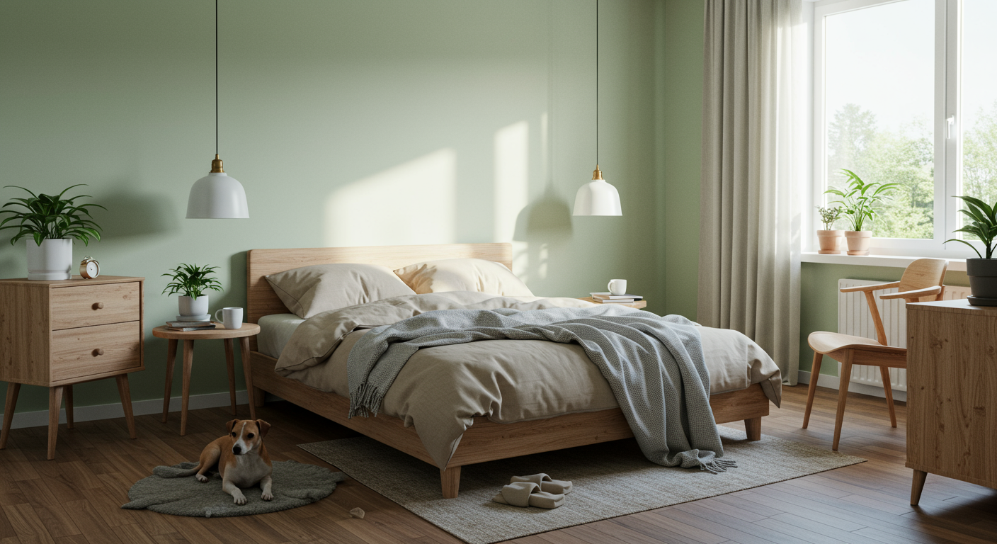 cozy green bedroom with dog on floor