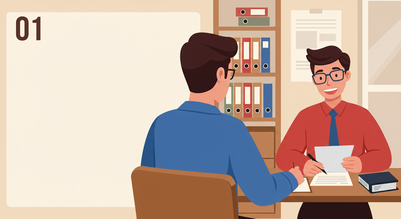 Two men review and sign paperwork across a desk, with the number 01 beside them.