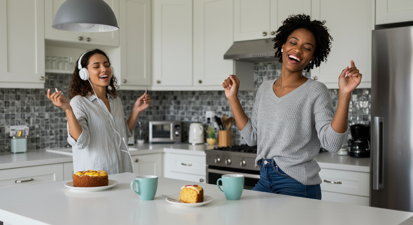 Two young women dance in a kitchen beside cake and coffee mugs.