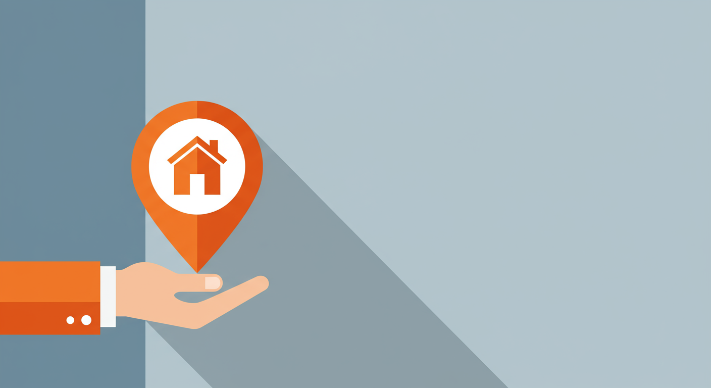 Hand presenting an orange house-shaped location pin.