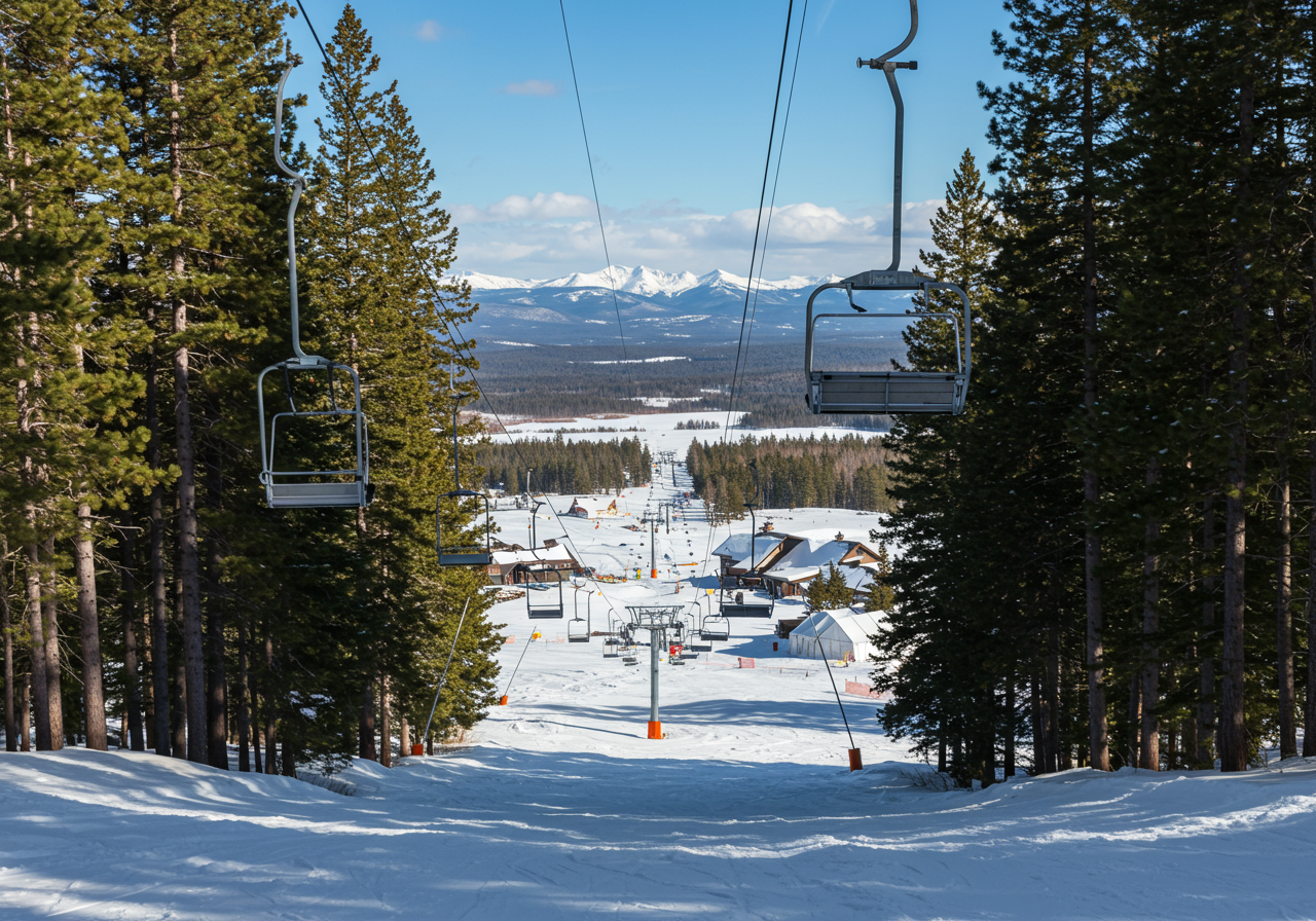 A spring view from a ski slope at Mammoth Mountain looking down at Eagle Lodge under the chairlift