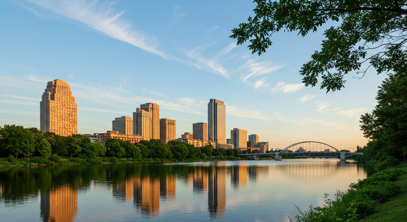 view of Austin, TX skyline from across a glassy river with a bridge in the foreground