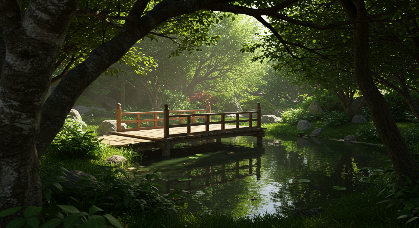 Wooden deck over pond at San Francisco Botanical Garden.