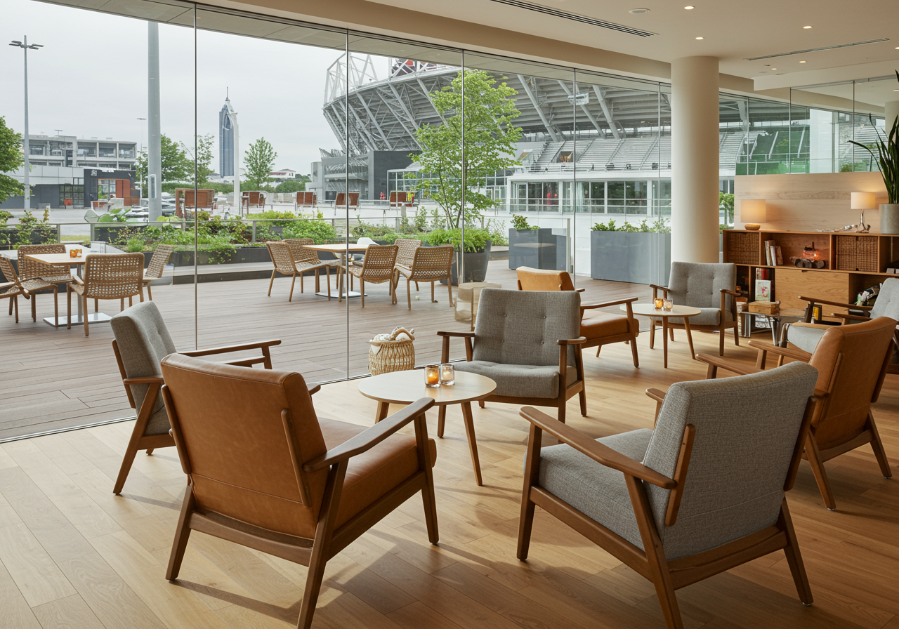 Lounge chairs indoors in front of a windowed patio.