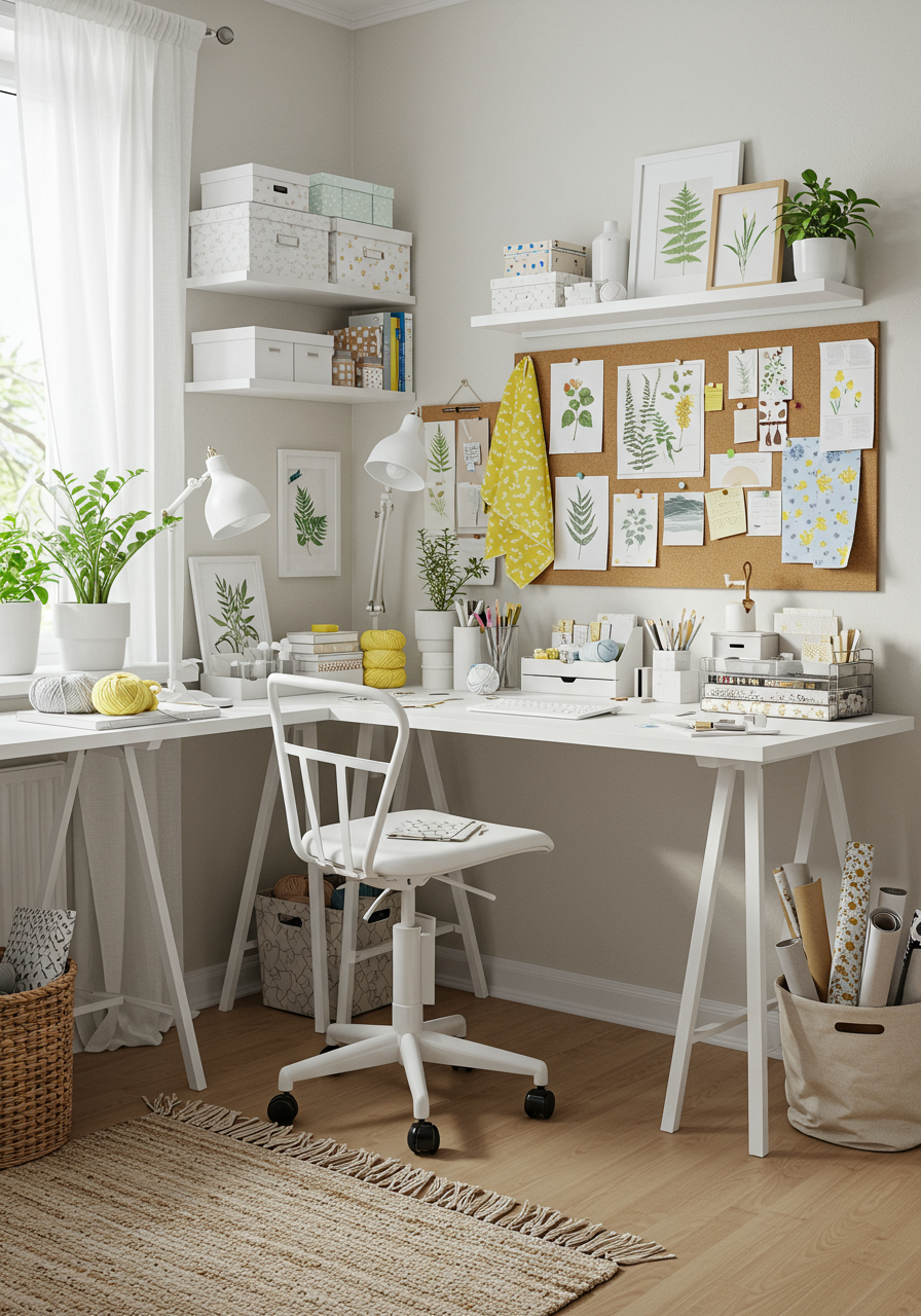 rolling craft storage desk stool corner office mood board