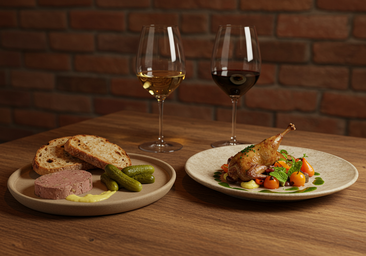 A pate with some grilled bread and a whole grilled quail with morels on ceramic plates with glasses of dark and light red wine on a wooden countertop.