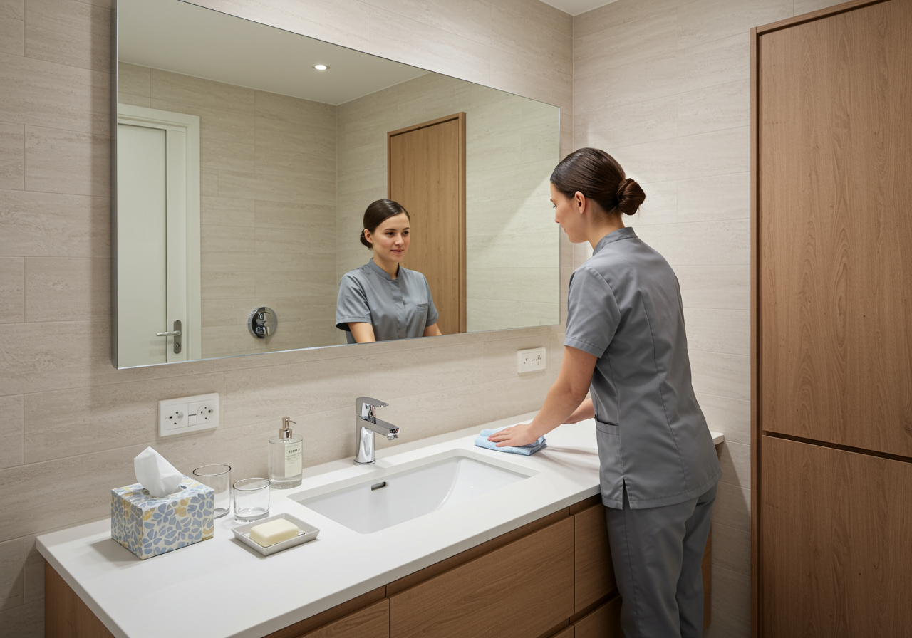 A Woman cleaning a bathroom sink