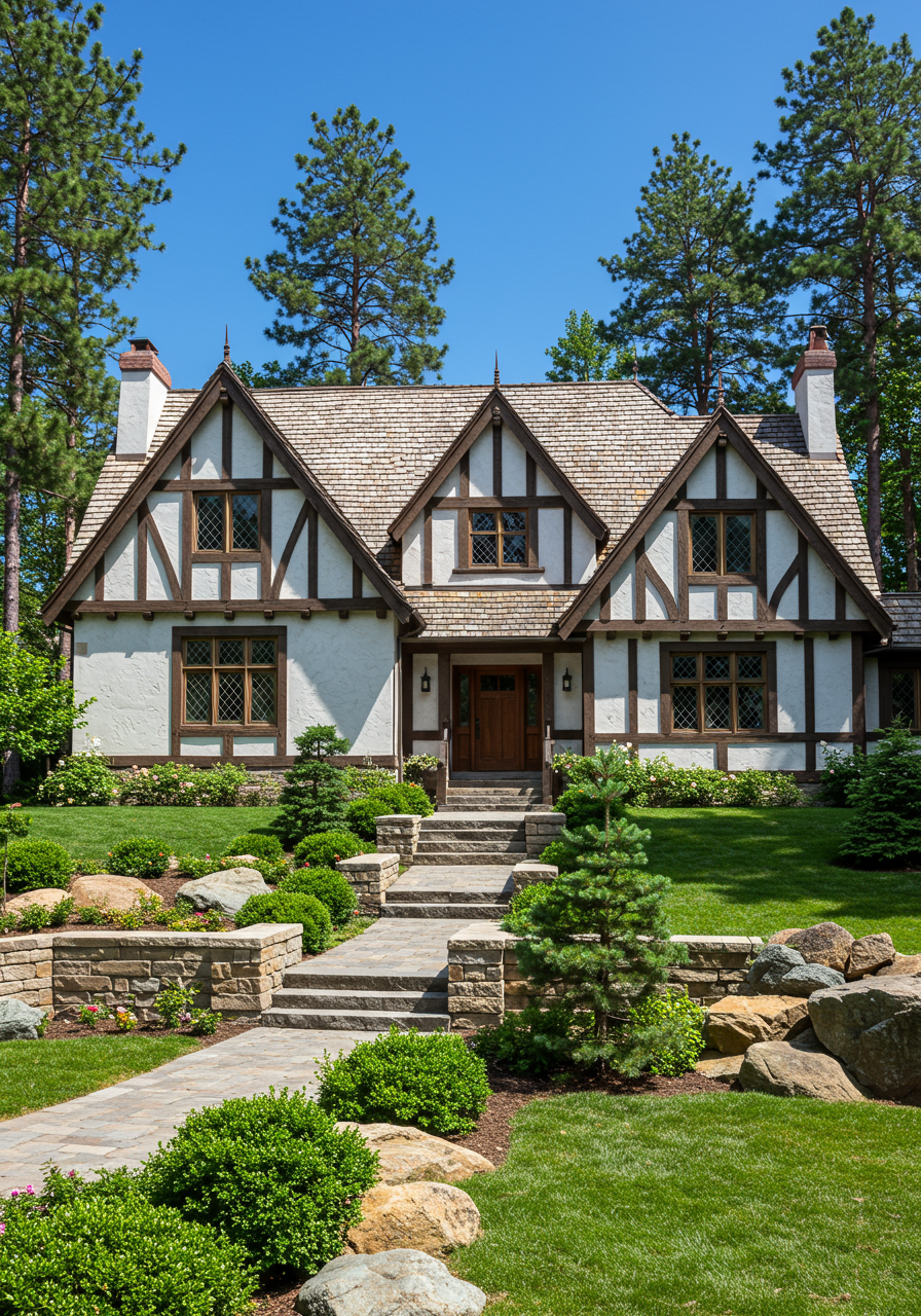 house home exterior in tudorian style, real estate