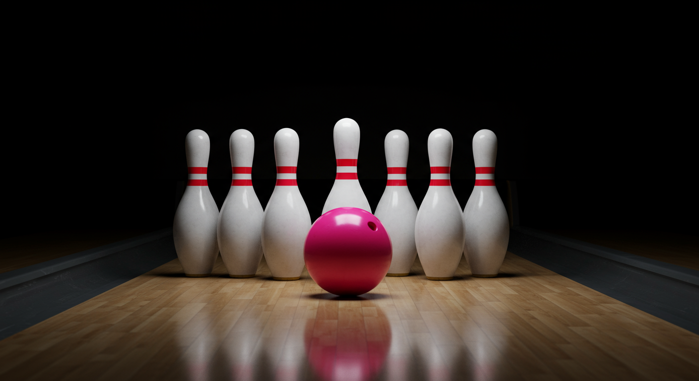 A pink bowling ball rests in front of white pins on a polished bowling lane.